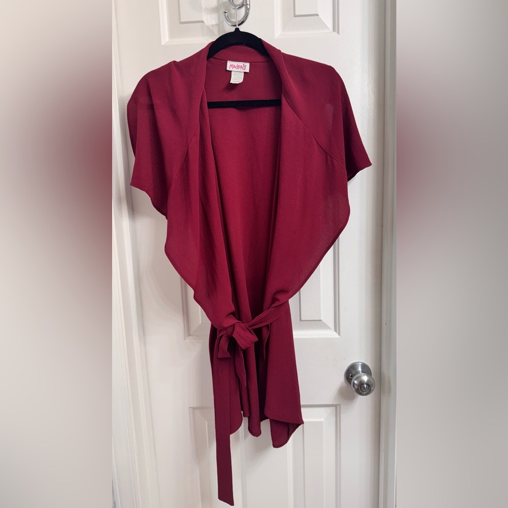 MadRag Burgundy Tie-Front Long Sleeveless Duster, Size XL